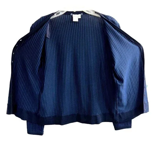 Worth Womens Wool Blend Cardigan Sweater Stripped Blue Black Sz L Lightweight - Picture 2 of 12
